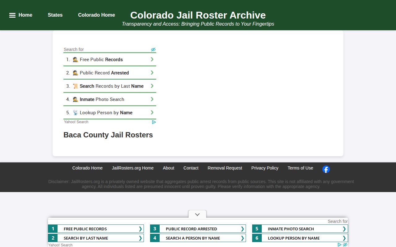 Unofficial JailRosters.org Baca County jail directory page