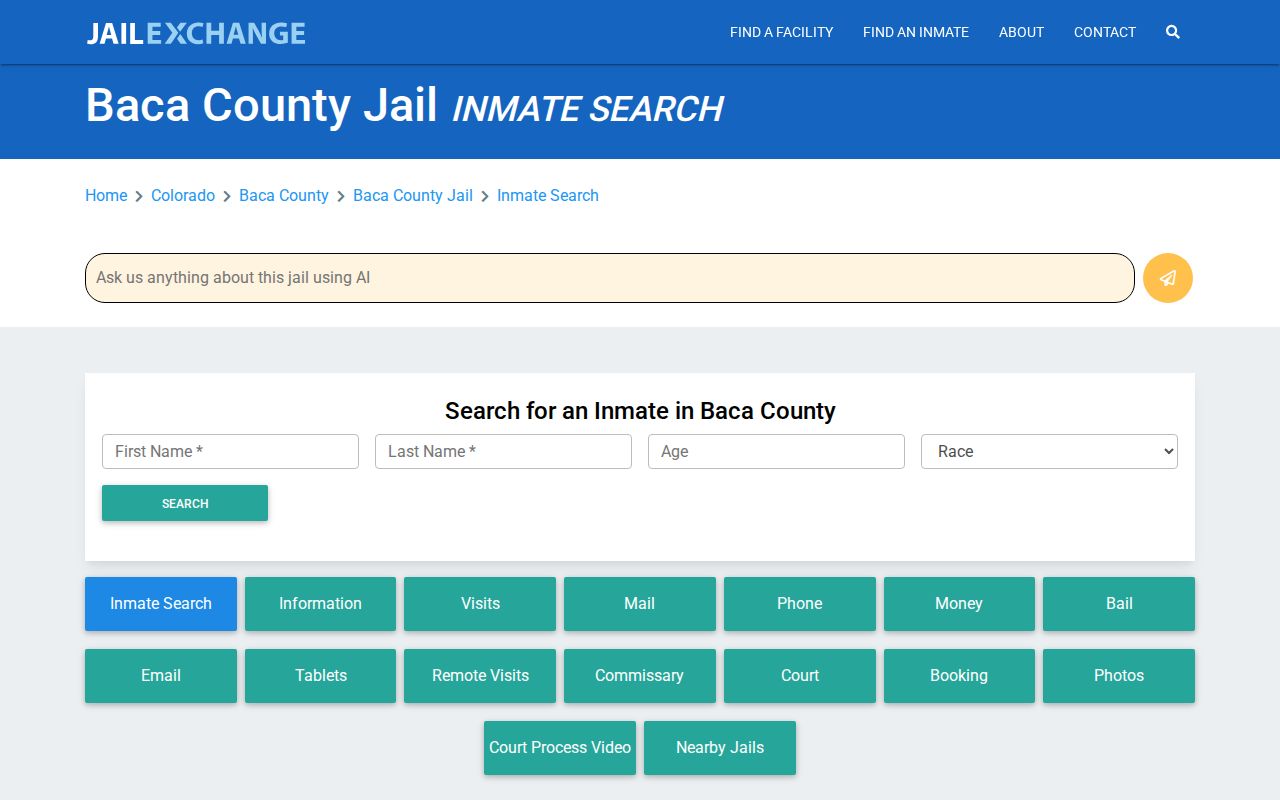 Unofficial JailExchange Baca County inmate-search landing page