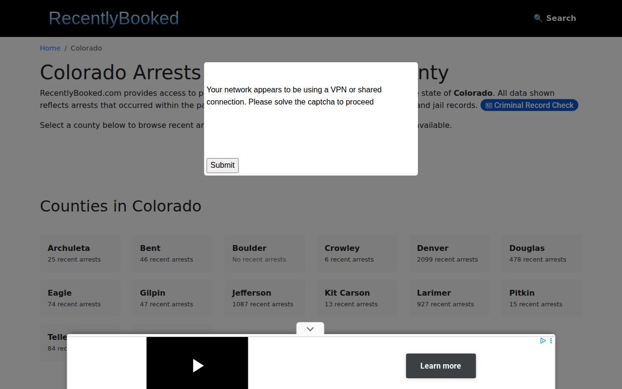 Recently Booked Colorado directory showing no Baca County collection