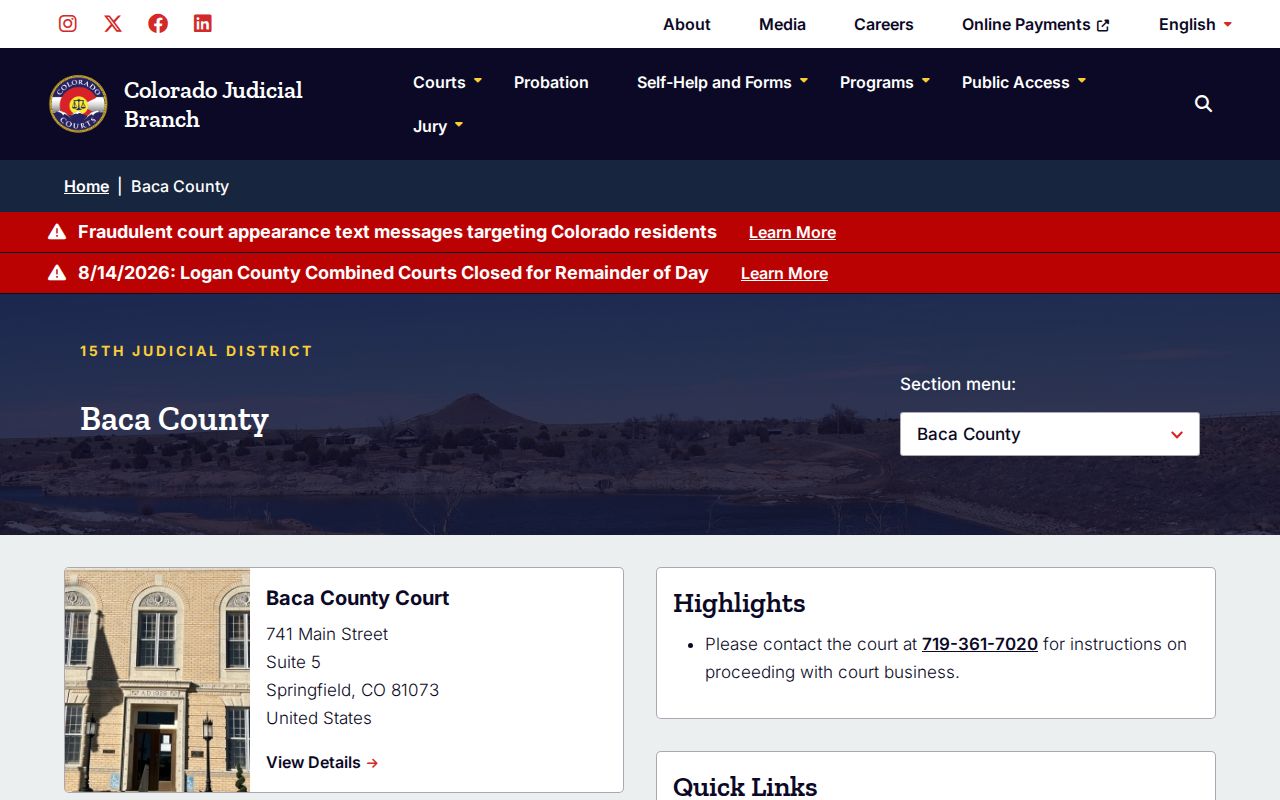 Baca County court booking disposition and docket page