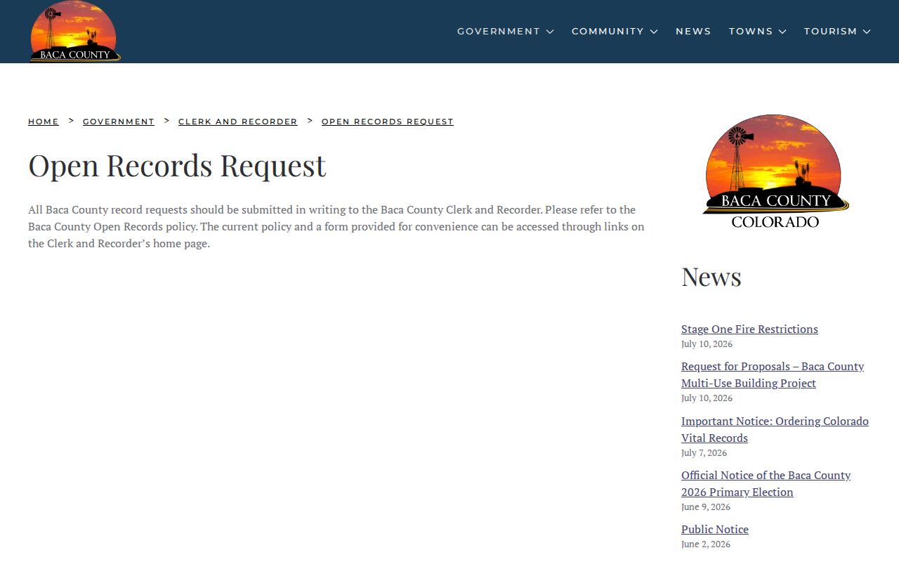 Baca County booking record open records request page