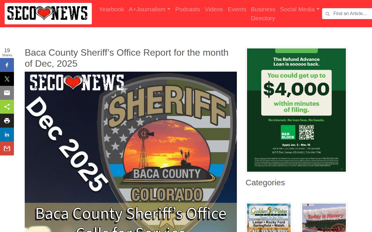 Baca County monthly bookings and arrests report from SECO News