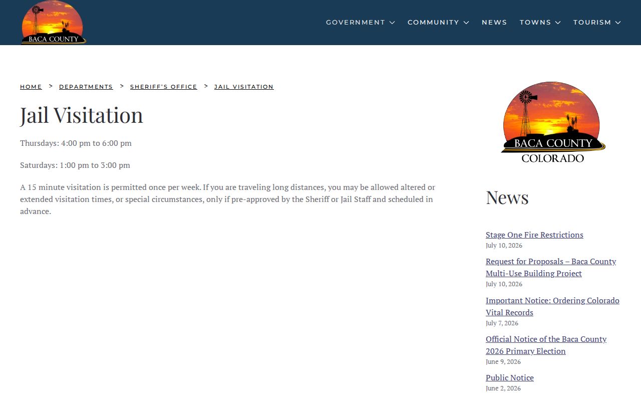 Baca County Jail visitation page with no online jail roster
