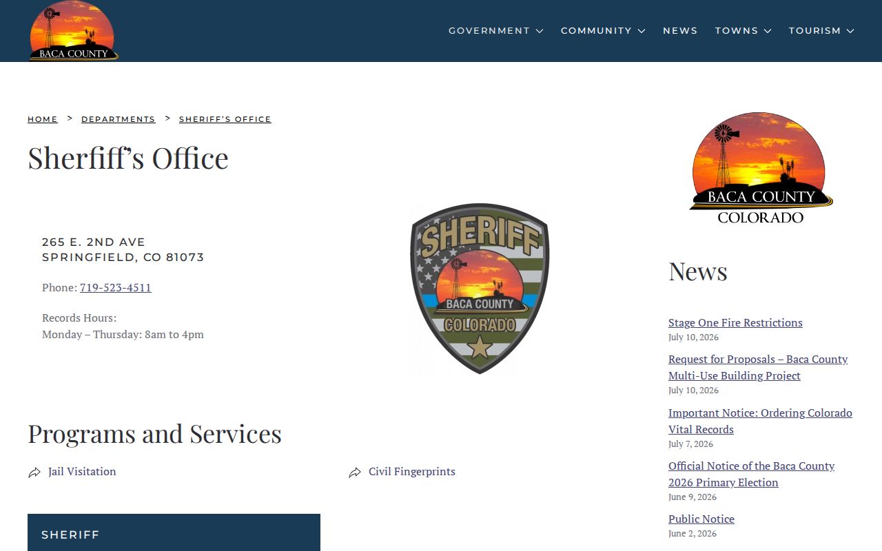 Baca County Sheriff's Office arrest record contact page
