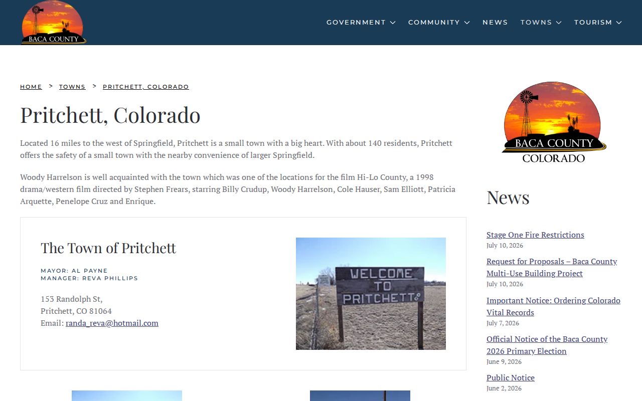 Official Pritchett town records page for Baca County arrest context