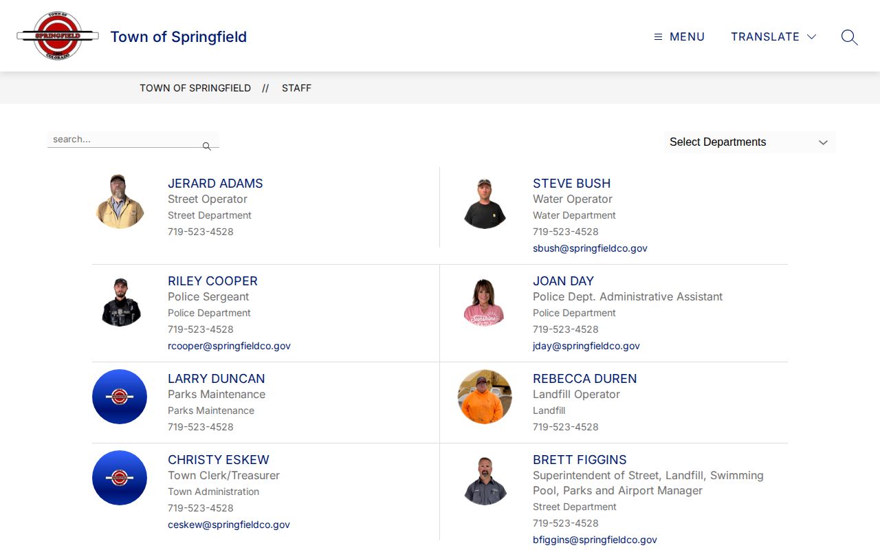 Springfield Police Department arrest records staff page in Baca County